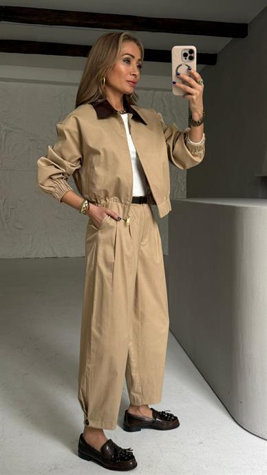 Camel Gabardin Bomber Ceket