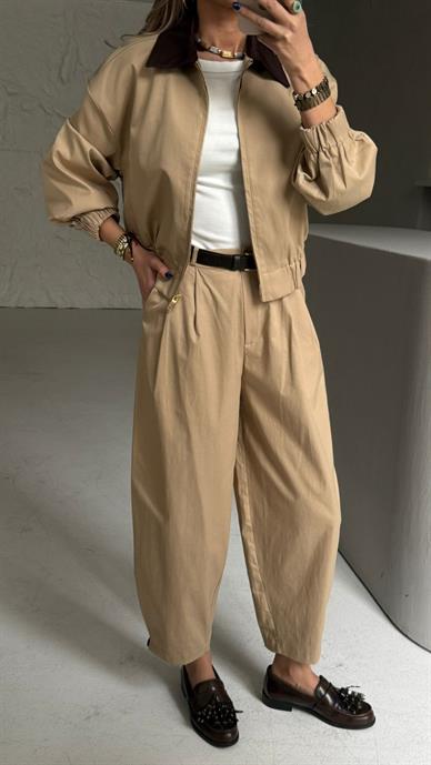 Camel Gabardin Kemerli Pantolon