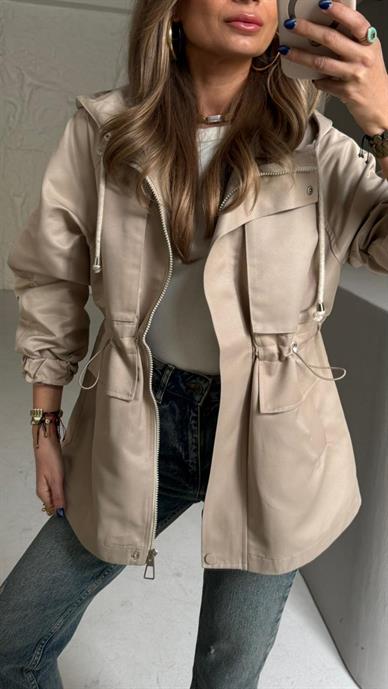 Camel Kapişonlu Gabardin Trenç
