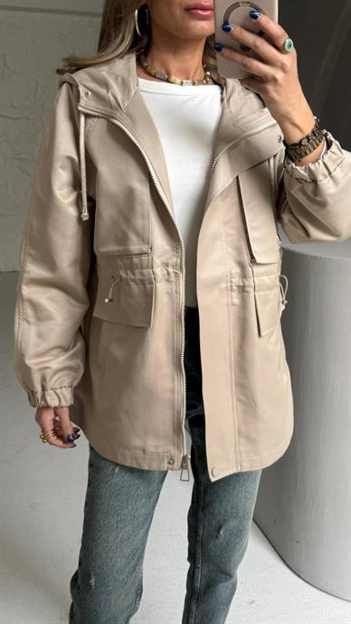 Camel Kapişonlu Gabardin Trenç