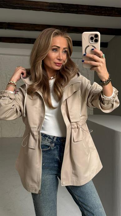 Camel Kapişonlu Gabardin Trenç