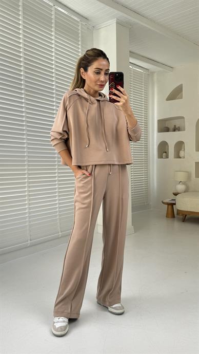 Camel Kapişonlu Modal Kumaş Spor Takım