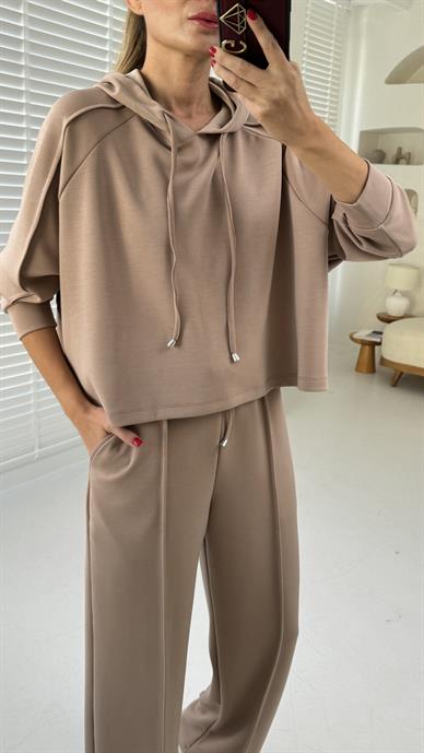 Camel Kapişonlu Modal Kumaş Spor Takım