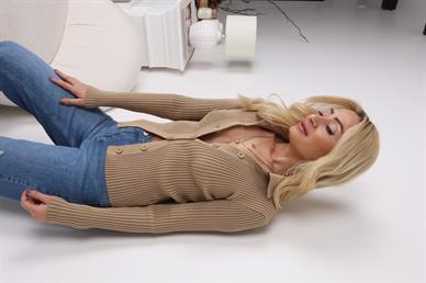 Camel Polo Yaka Fitilli Hırka