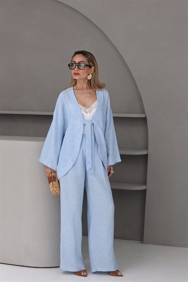 Ceketi Bağlamalı Keten Palazzo Takım