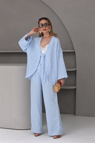 Ceketi Bağlamalı Keten Palazzo Takım