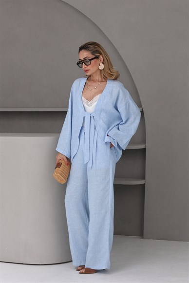 Ceketi Bağlamalı Keten Palazzo Takım