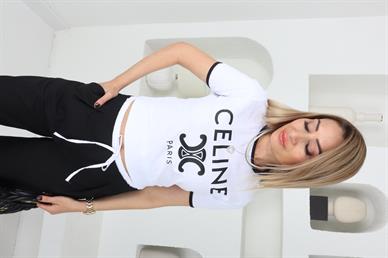 Celine Baskıılı Beyaz Basic Tshirt
