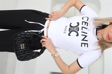 Celine Baskıılı Beyaz Basic Tshirt