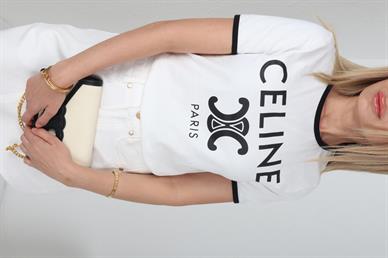 Celine Baskıılı Ekru Basic Tshirt