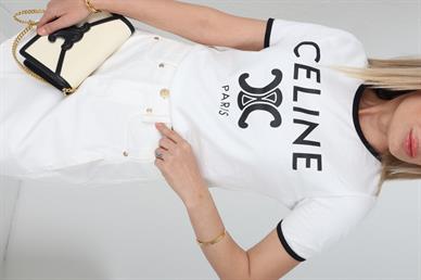 Celine Baskıılı Ekru Basic Tshirt