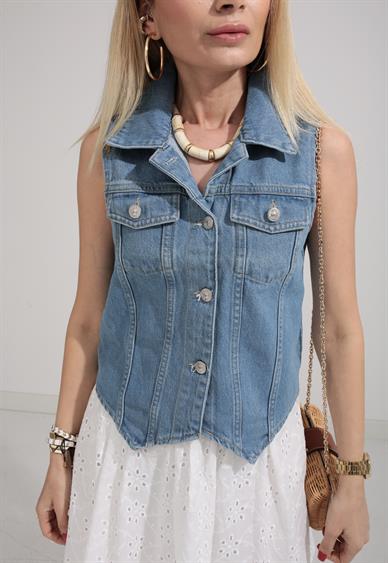 Cep Detay Açık Mavi Denim Yelek