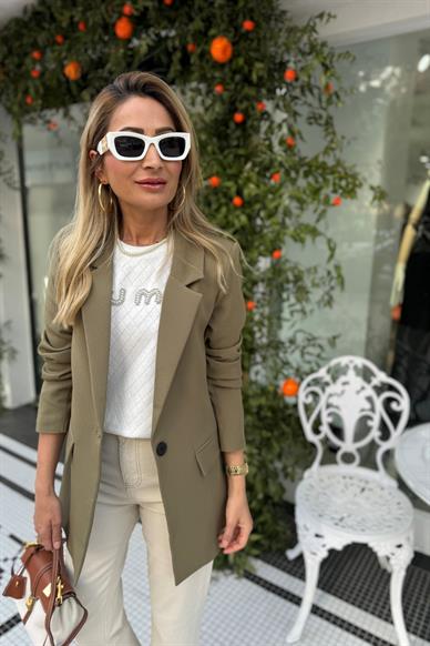 Cep Detaylı Tek Düğmeli Haki Blazer Ceket