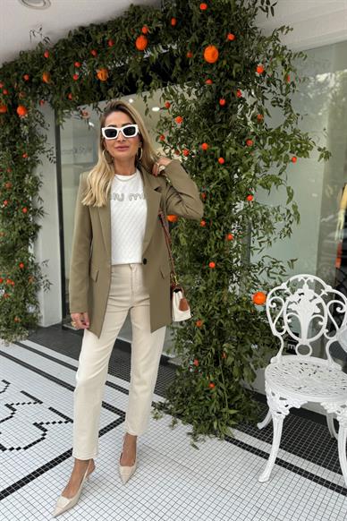 Cep Detaylı Tek Düğmeli Haki Blazer Ceket