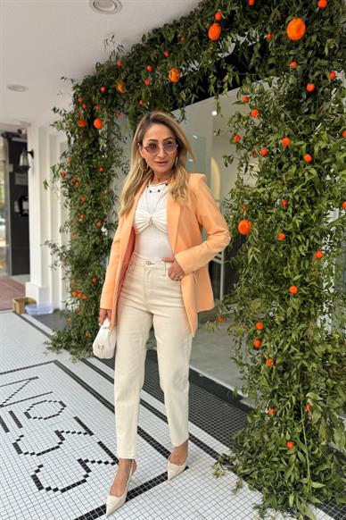 Cep Detaylı Tek Düğmeli Somon Blazer Ceket