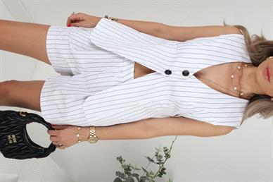 Çift Düğme İnci Çizgili Yelekli Şort Takım