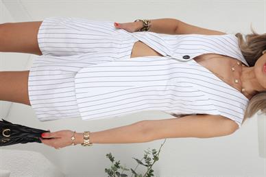 Çift Düğme İnci Çizgili Yelekli Şort Takım