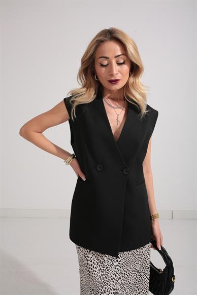 Çift Düğme Uzun Siyah Yelek