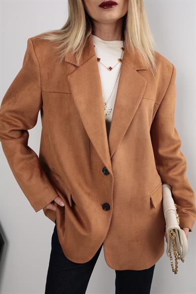 Çift Düğmeli Taba Oversize Nubuk Ceket