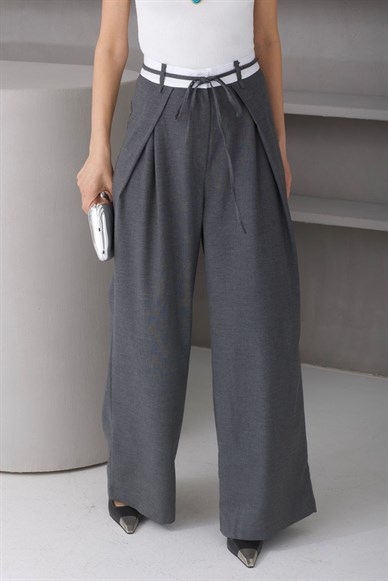 Çift Kemer Pileli Füme Pantolon