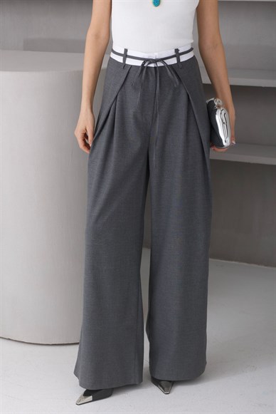 Çift Kemer Pileli Füme Pantolon