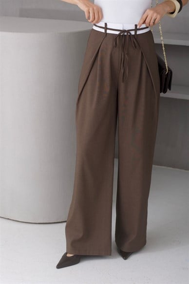 Çift Kemer Pileli Kahve Pantolon