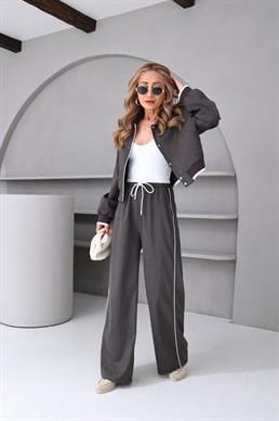 Çift Kemer Şeritli Kahve Çizgili Pantolon