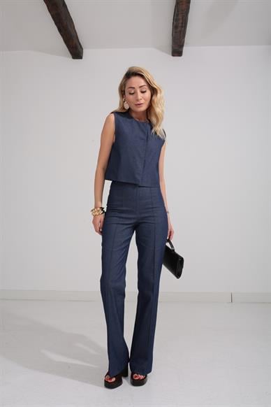 Çıtçıtlı Denim Görünümlü Gabardin Yelekli Takım