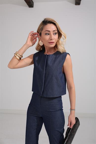 Çıtçıtlı Denim Görünümlü Gabardin Yelekli Takım