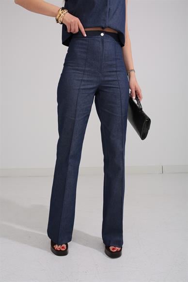 Çıtçıtlı Denim Görünümlü Gabardin Yelekli Takım