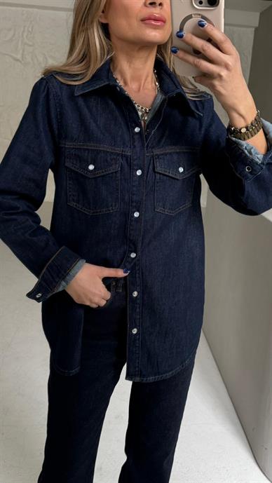 Çıtçıtlı Lacivert Denim Gömlek