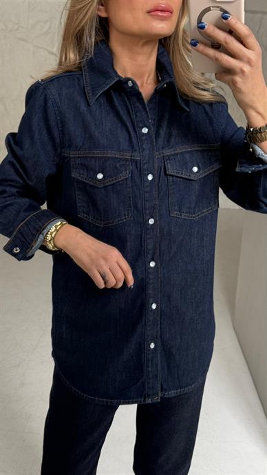 Çıtçıtlı Lacivert Denim Gömlek