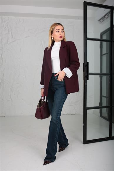 Çizgili Astarlı Kapak Cepli Blazer Bordo Ceket