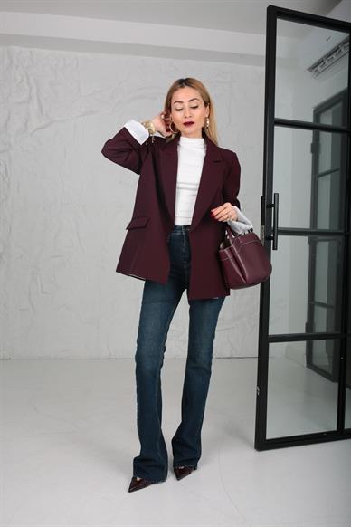 Çizgili Astarlı Kapak Cepli Blazer Bordo Ceket