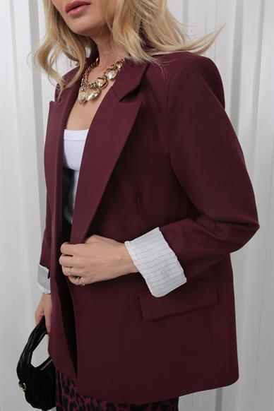 Çizgili Astarlı Kapak Cepli Blazer Bordo Ceket