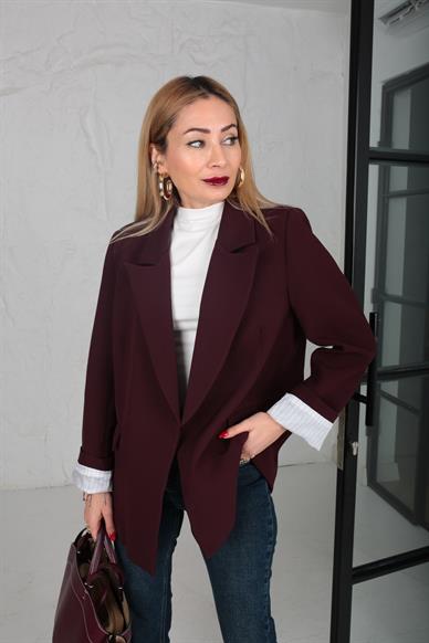 Çizgili Astarlı Kapak Cepli Blazer Bordo Ceket