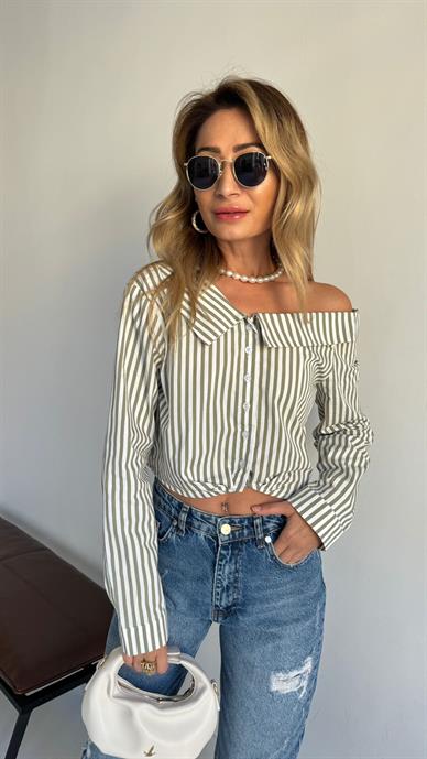 Çizgili Madonna Yaka Crop Gömlek