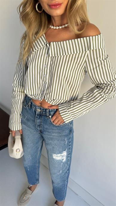 Çizgili Madonna Yaka Crop Gömlek