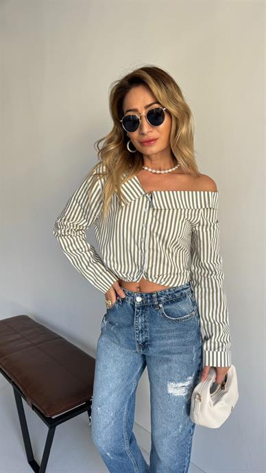 Çizgili Madonna Yaka Crop Gömlek