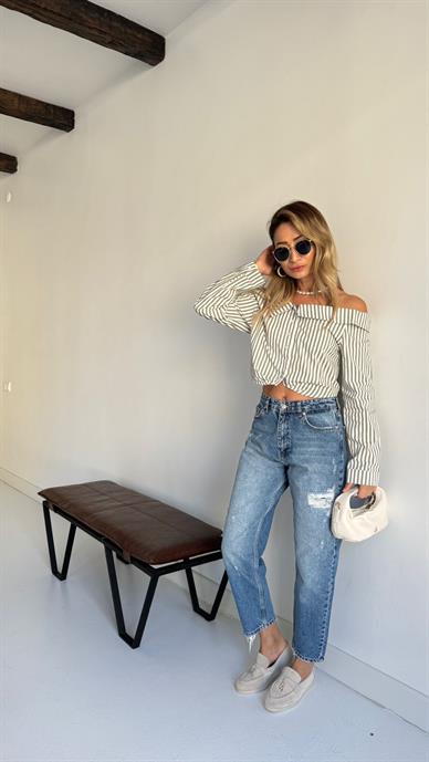 Çizgili Madonna Yaka Crop Gömlek
