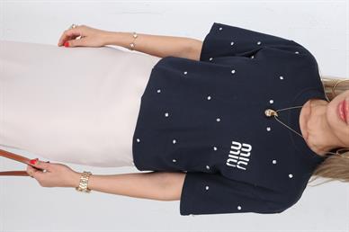 Dağınık Taşlı Nakışlı Lacivert Tshirt