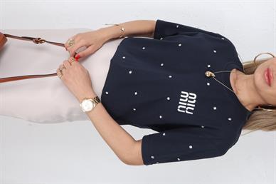 Dağınık Taşlı Nakışlı Lacivert Tshirt