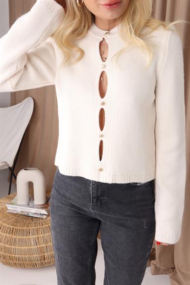 Damla Dekolteli Düğmeli Ekru Kazak