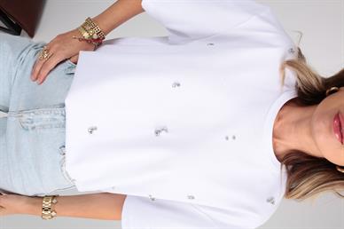 Damla Taş İşli Beyaz Basic Tshirt