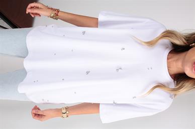 Damla Taş İşli Beyaz Basic Tshirt