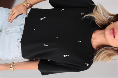 Damla Taş İşli Siyah Basic Tshirt
