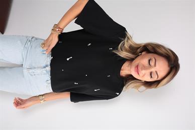 Damla Taş İşli Siyah Basic Tshirt