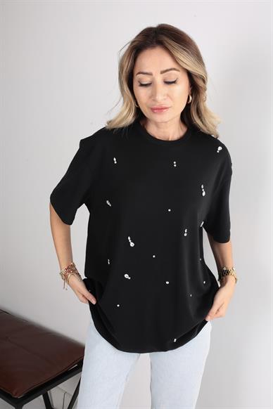 Damla Taş İşli Siyah Basic Tshirt