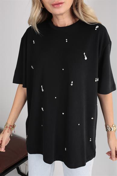Damla Taş İşli Siyah Basic Tshirt