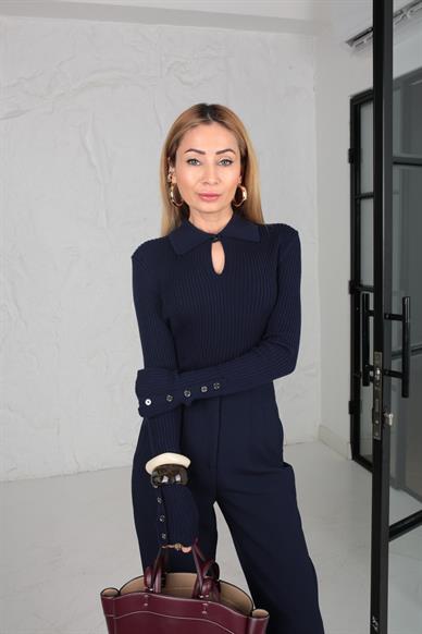 Damla Yaka Kol Düğmeli Lacivert Fitilli Kazak